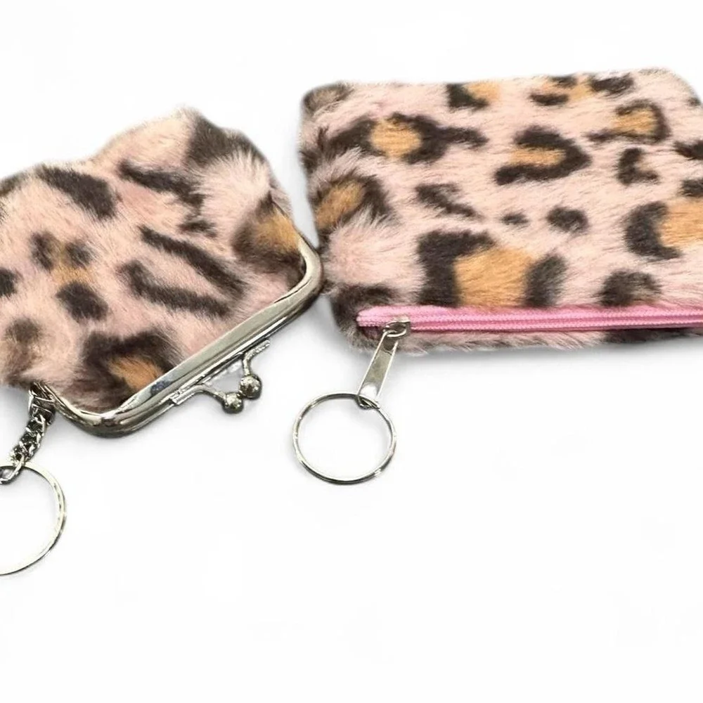NWOT Fuzzy Animal Print Keychains with Pink Base & Silver Hardware